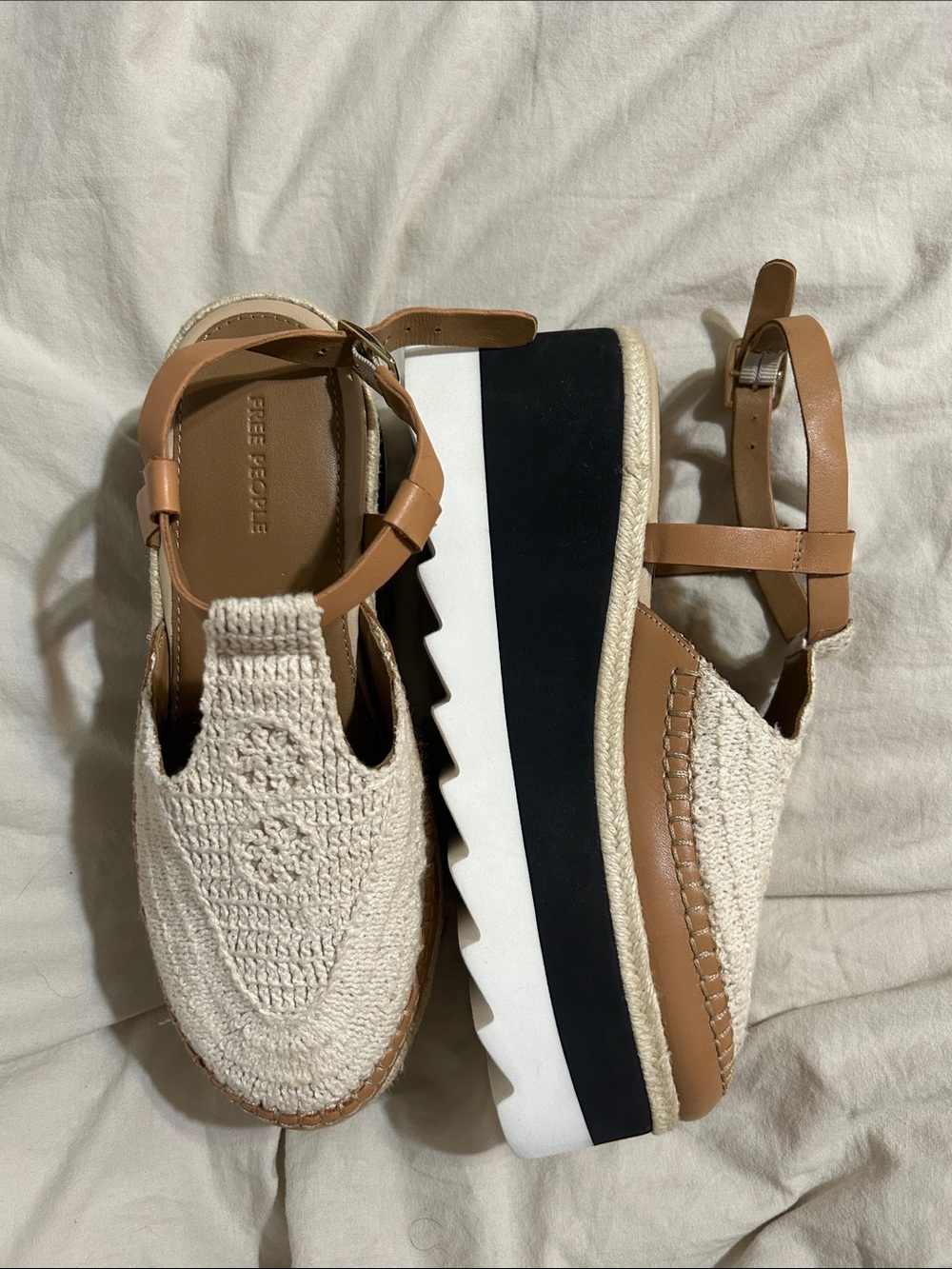Free People Cream Crochet Platform Espadrille Sandals with Tan Straps